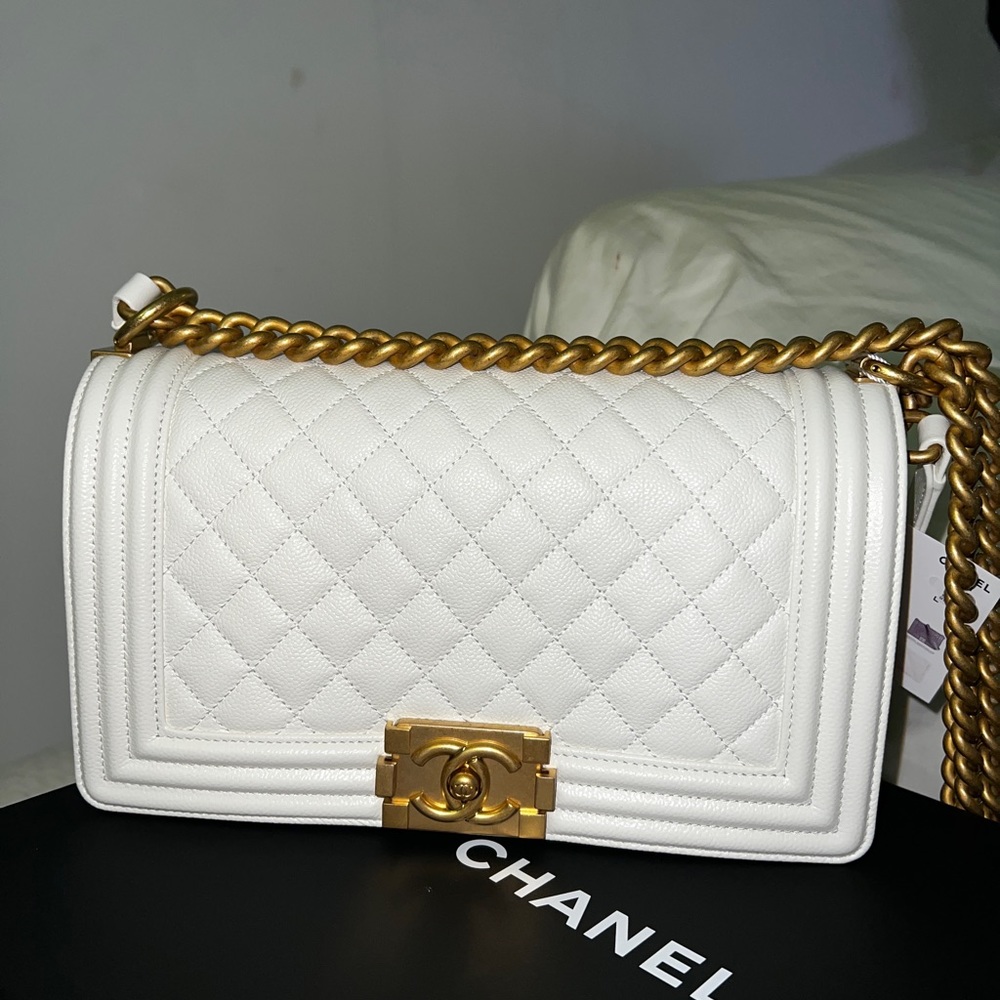 2022 white chanel boy with gold chain.
